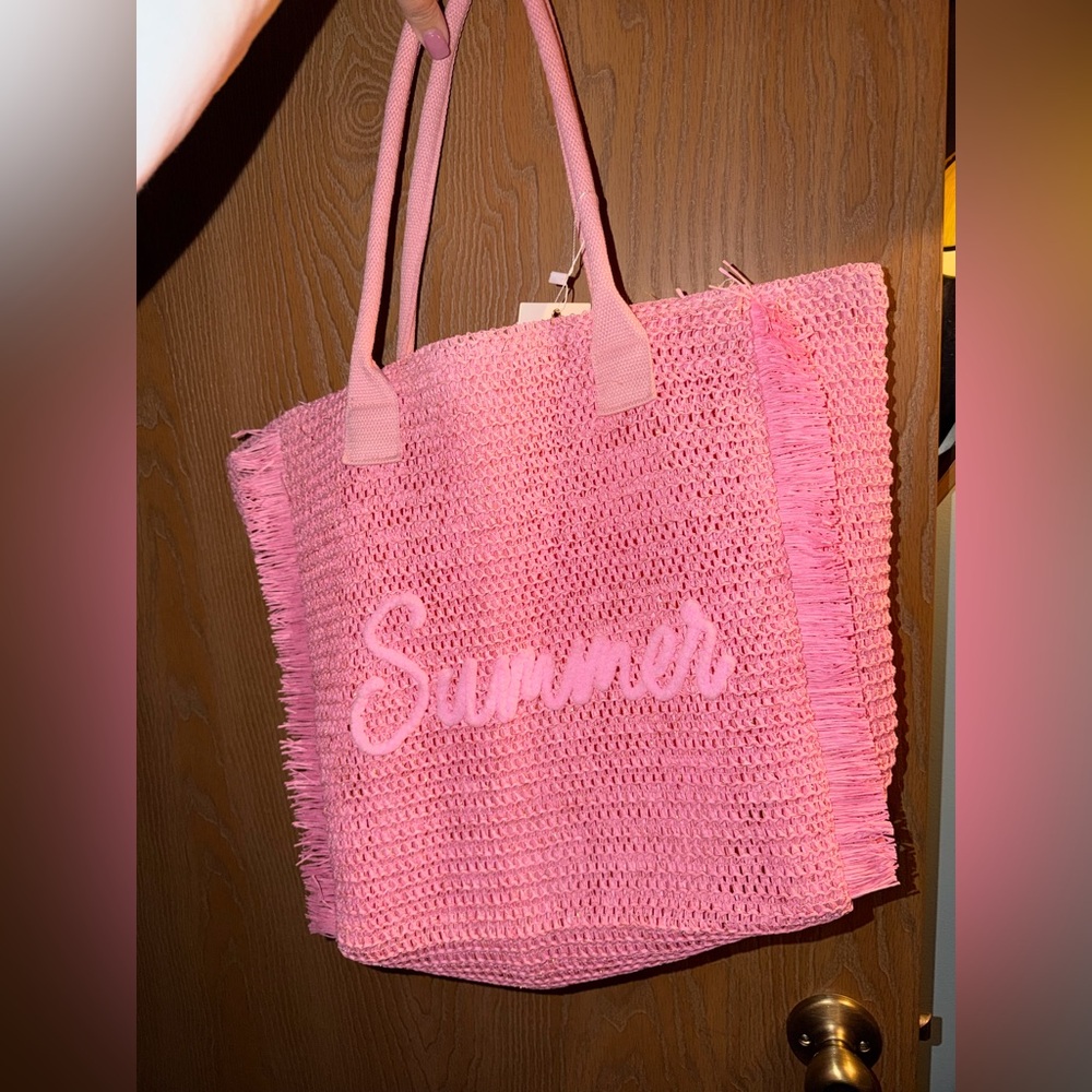 Pink "Summer" Crochet Straw Canvas - Styline Beach Bag